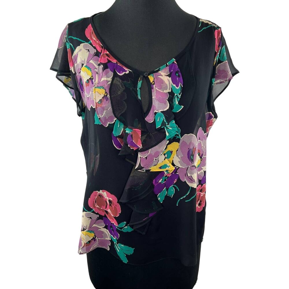 Lauren Ralph Lauren Black Purple Floral Flutter Ruffle Sleeve 100% Silk Blouse L